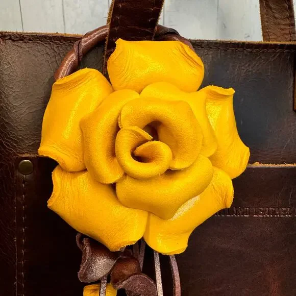 Leather Yellow Rose Purse Charm Genuine Leather Flower Bag Charm NEW FAST SHIP - Picture 3 of 8